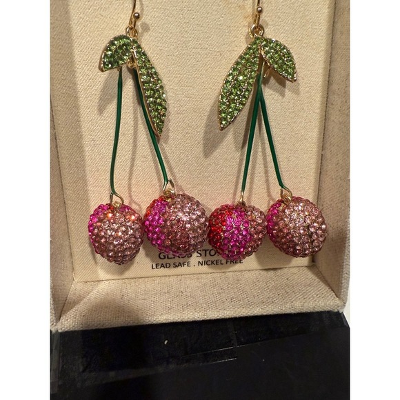 Piper K Cherry Earrings Pink Rhinestone Fruit Dangle Drop Gold Tone - Picture 4 of 5
